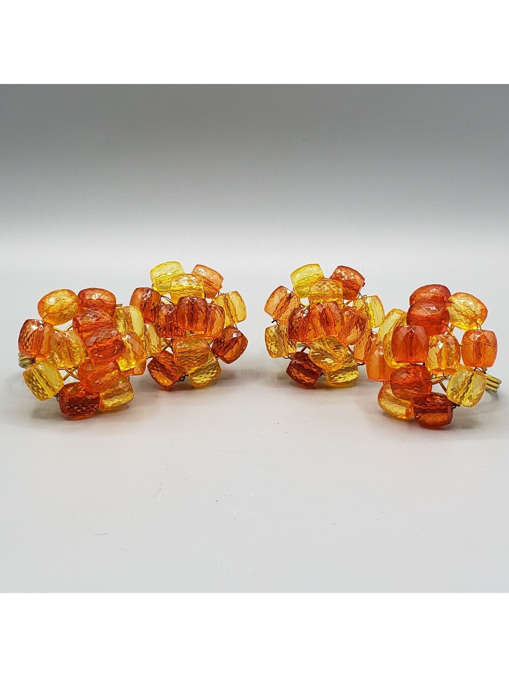 4 Orange Yellow Beaded Napkin Rings Faceted Gold Metal Wire Wrapped Spring
